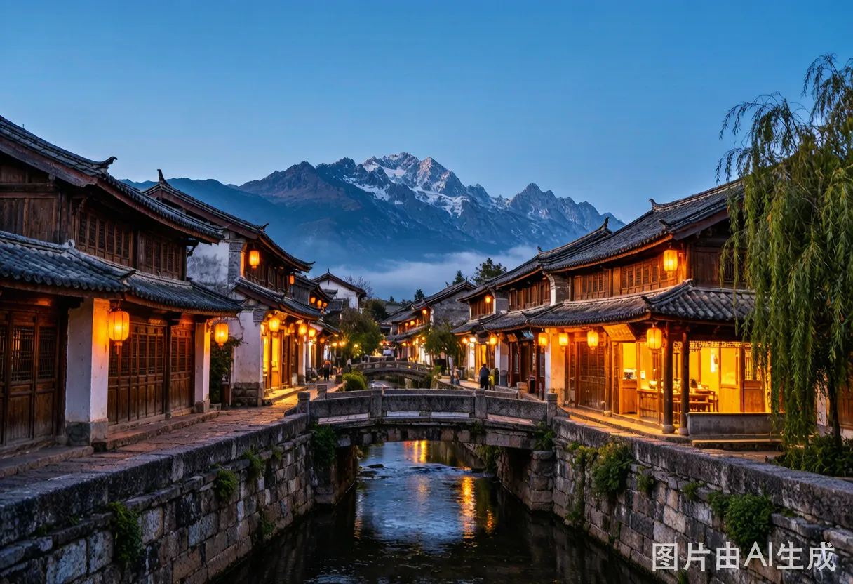 Lijiang Old Town at dusk with Jade Dragon Snow Mountain behind